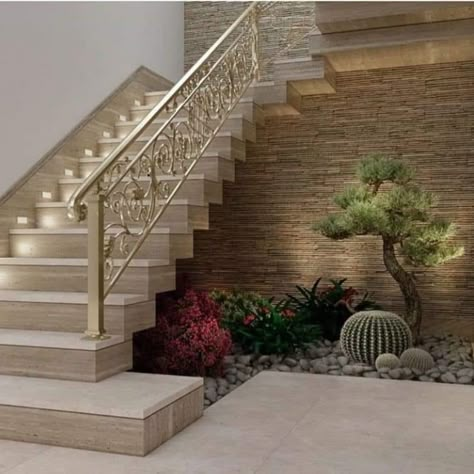 Staircase Design Modern Stair Walls, Staircase Landscape, Stairs Lighting Ideas, Small Garden Under Stairs, Staircase Wall Design, سلالم حلزونية, تحت الدرج, Stair Walls, درج السلم