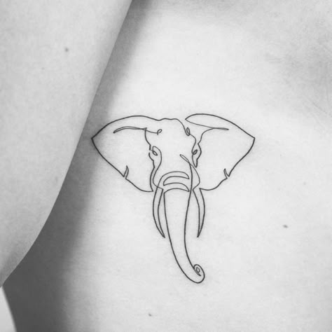 Single line elephant tattoo on the right side ribcage. Single Line Drawing Elephant, Single Line Elephant Tattoo, Elephant Tattoos Simple, Small Elephant Tattoo Outline, Single Line Elephant, Minimal Elephant Tattoo, Line Elephant Tattoo, Tattoo Ideas Elephant, Elephant Line Drawing