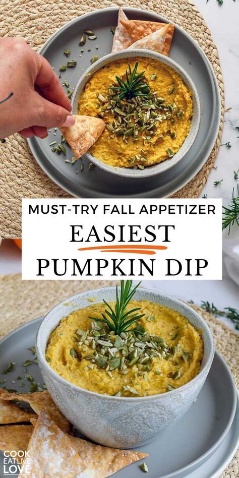 Looking for the best fall appetizer or savory snack? You must try this Savory Pumpkin Dip with Chickpeas and Wonton Crackers! This creamy and flavorful pumpkin recipe is perfect for impressing guests with its rich, autumnal taste. Quick to whip up and full of seasonal flavor, it's the perfect cozy fall snack or appetizer for your festive gatherings or dinner party. #fallappetizers #pumpkindip #fallrecipes Savory Pumpkin Dip Recipes, Pumpkin Dip Savory, Vegan Fall Appetizers For Party, Savory Pumpkin Dip, Savory Pumpkin Appetizers, Halloween Dip Recipes, Appetizer Recipes Fall, Fall Themed Appetizers, Fall Dips And Appetizers