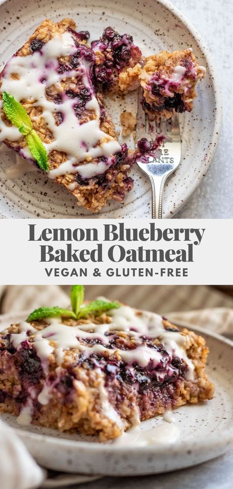 This Lemon Blueberry Baked Oatmeal is the perfect breakfast meal prep with gooey blueberry filling. Easy to make, bursting with fresh flavor and vegan. Spring Vegan Meals, Baked Oatmeal Vegan, Blueberry Baked Oatmeal, Vegan Baked Oatmeal, Blueberry Filling, Vegan Oatmeal, 2024 Recipes, Healthy Vegan Breakfast, Vegan Brunch