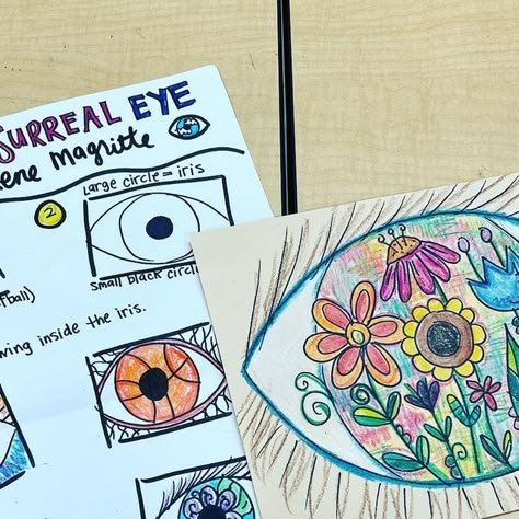 Renée 👩🏻‍🎨 on Instagram: "👁️ End of year surreal eyes. Inspired by The False Mirror by Rene Magritte. Loving my flower doodles! #mccraftyart #iteachart #artteacher #elementaryart #artideas #artlesson #artproject #mccraftyhowto #artteacherlife #artteachersofinstagram" Magritte Inspired Art, Surrealism Art Projects For Kids, Year 6 Art Projects, End Of The Year Art Projects Elementary, End Of Year Art Projects, Surrealism Art Projects, The False Mirror, End Of Year Art, 6th Grade Art Lessons