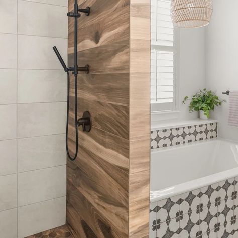 75 Wood-Look Tile Bathroom Ideas You'll Love - January, 2024 | Houzz Wood Shower Niche, Wood Backsplash Bathroom, Wood Tile Shower Wall, Wood Shower Tile, Wood Effect Tiles Bathroom, Wood Look Tile Shower Walls, Wood Tile Shower Ideas, Wood Look Tile Bathroom, Homemade Upholstery Cleaner