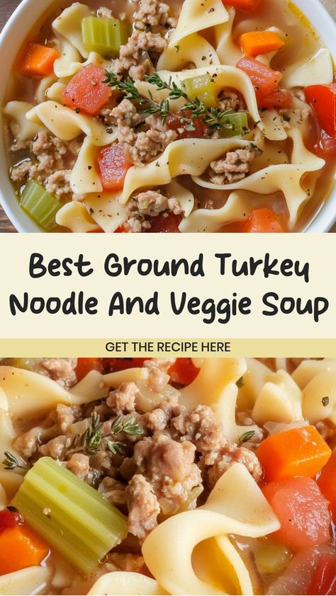 Indulge in a comforting bowl of ground turkey noodle and veggie soup, perfect for chilly days or when you need a nutritious meal. Packed with wholesome ingredients, this soup is easy to make and full of flavor. Enjoy the hearty goodness of tender turkey, satisfying noodles, and an abundance of colorful vegetables in every spoonful. Whether you're looking for a quick dinner idea or meal prep option, this soup is the ideal choice to warm you up from the inside out. Ground Turkey And Carrots Recipe, Ground Turkey Carrots Celery, Ground Turkey And Veggies Recipes, Turkey Vegetable Soup Recipes, Soups With Ground Turkey, Ground Turkey Soup Recipes, Ground Turkey Vegetable Soup, Soup With Ground Turkey, Turkey Vegetable Soup