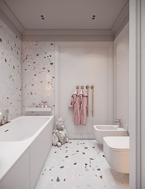 Terrazzo Bathroom, Girl Bathrooms, Childrens Bathroom, Baby Bathroom, Bathroom Organization Diy, Bad Inspiration, Toilet Design, Girls Bathroom, Bathroom Design Luxury