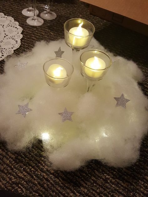 Starry Night Theme Quinceanera, Quinceanera Star Theme, A Night In The Stars Theme, Star Theme Decorations, Star Night Decorations, Star Themed Dinner Party, Night In The Clouds Prom, Star Themed Table Decor, Celestial Wedding Party