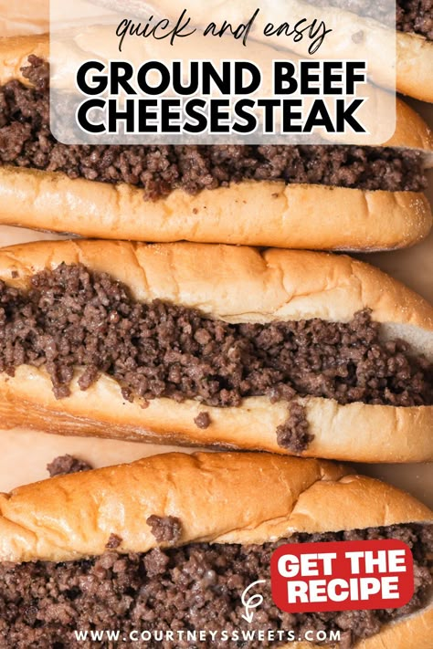 This easy ground beef cheesesteak has all the classic Philly cheesesteak flavors—juicy beef, melty cheese, and soft hoagie rolls. Perfect for quick weeknight dinners, it’s a family favorite that’s both affordable and delicious. Try this easy ground beef recipe for a satisfying meal everyone will love! Made in one skillet, one pan meals are the best! Easy Homemade Philly Cheesesteak, Ground Beef Recipes Philly Cheesesteak, Easy Philly Cheese Steak Sloppy Joes, Hamburger Cheese Steak, Ground Beef Subs, Simple Meals With Ground Beef, Philly Cheese Steak With Ground Beef, Ground Beef Cheese Steak, Ground Beef And Cream Cheese Recipes