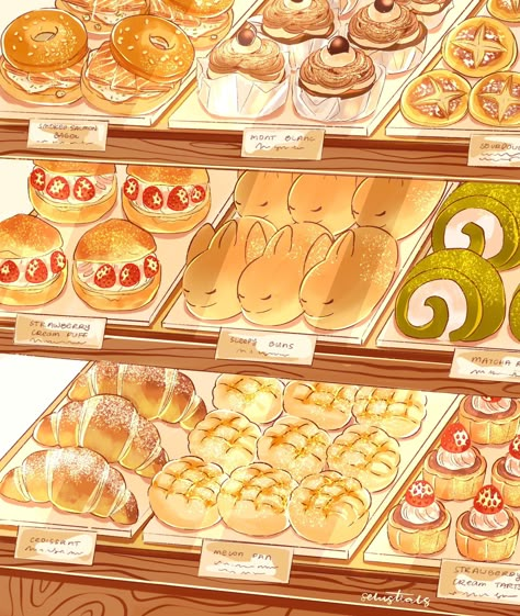 Anime Baking Aesthetic, Bakery Art Drawing, Cafe Pastries Aesthetic, Food Illustration Art Creative, Bread And Pastry Background Aesthetic, Bakery Art Illustration, Cafe Food Drawing, Baking Drawing Reference, Dessert Illustration Art