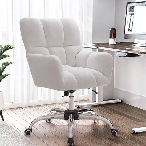 Modern White Office Chair Upholstered Cotton & Linen Swivel Task Chair Height Adjustable Wiggle Chair, White Desk Chair, Desk Chair Comfy, Cute Desk Chair, Working Desk, White Office Chair, Modern Office Chair, Work Chair, White Office