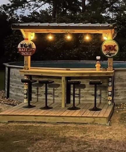 Swim Up Bar Pool Above Ground Deck, Tiki Bar By Pool, Pool Side Tiki Bar Ideas, Pool With Bar Around It, Pool Deck Bar Ideas, Tiki Bar Poolside, Above Ground Pool Side Bar, Above Ground Pool Shelf, Poolside Bar Above Ground