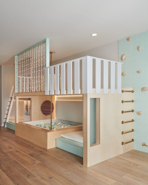 37 Playroom Decor Ideas for Endless Fun - HouseResults Playroom Mezzanine, Floor To Ceiling Playroom Storage, Diy Loft Play Area, Indoor Play Loft, Playroom For Grandkids, Kids Room Climbing Wall, Playroom Gym Combo, Playroom Loft Ideas For Kids, Kids Playroom Ideas Small Space