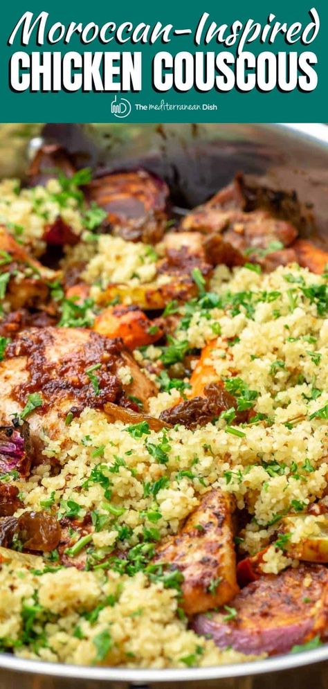 Moroccan Chicken Couscous, Couscous Dinner, Chicken Couscous, Mediterranean Couscous, Grub Hub, Moroccan Recipes, Food Feast, Moroccan Dishes, Moroccan Chicken