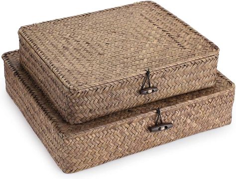 Amazon.com: Hipiwe Set of 2 Flat Woven Wicker Storage Bins with Lid Natural Seagrass Basket Multipurpose Home Boxes for Shelf Organizer (Coffee) : Home & Kitchen Woven Hamper, Seagrass Storage Baskets, Baskets For Shelves, Storage Baskets With Lids, Small Storage Boxes, Wicker Storage, Storage Bins With Lids, Nancy Meyers, Seagrass Basket