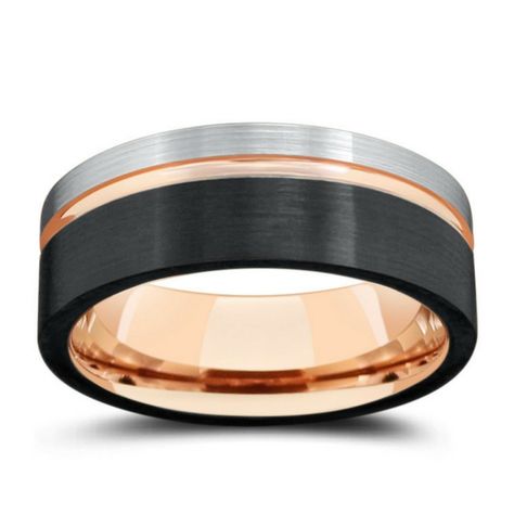 Beautiful crafted triple tone tungsten men's wedding ring with an 18k rose gold interior. Silver and black textured top with a carved channel groove. See more here: https://northernroyal.com/collections/brushed-tungsten-rings/products/mens-three-tone-tungsten-wedding-band-with-pipe-cut-design Hunting Wedding Rings, Gold Mens Wedding Band, Rose Gold Mens Wedding Band, Mens Wedding Rings Tungsten, His And Hers Wedding Bands, Blue Diamond Engagement Ring, Men's Wedding Rings, Rose Gold Diamond Ring Engagement, Engagement Rings Twisted