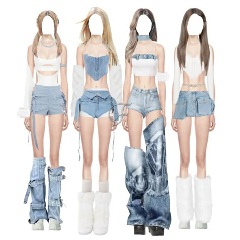 Korean Coachella Outfits, Denim Kpop Outfit, Kpop Denim Outfit, Kpop Outfits Stage 4 Members, 4 Member Kpop Outfits, Blackpink Outfits Stage, Denim Concert Outfit, Korean Kpop Outfits, Kpop Outfits 4 Members