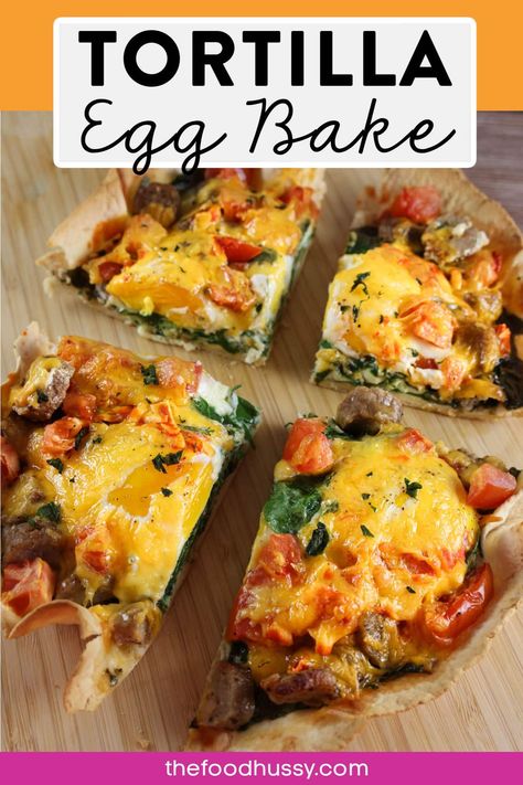 This Tortilla Egg Bake is my FAVORITE breakfast! It's super simple and loaded with eggs, sausage, tomatoes, cheese & spinach. BONUS: it's less than 200 calories a slice!!! via @foodhussy Spinach And Eggs Breakfast, Sausage Egg Bake, Air Fryer Tortilla, Egg Tortilla, Breakfast Tortilla, Tomato Breakfast, Spinach Breakfast, Cottage Cheese Eggs, Spinach Tortilla