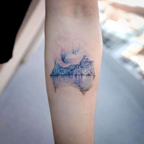 Aurora Borealis Tattoo Minimalist, Northern Light Tattoo, Iceberg Tattoo, Icelandic Tattoo, Aurora Borealis Tattoo, Iceland Tattoo, Lights Tattoo, Aurora Tattoo, Reflection Tattoo