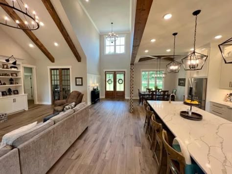 Barndominium Room Ideas, Barndo Entryway, Modern Farmhouse Open Floor Plan Decor, Open Concept Kitchen Living Room Barndominium, Barndominium With Foyer, Open Floorplan Interior Design, Main Floor Layout Open Concept, Barndominium Kitchen Open Concept, Open House Interior