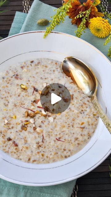 Nisha | Healthy-ish Recipes - Indian, Fusion & Global on Instagram: "OATS KHEER is like dessert for breakfast, but so nourishing. Enjoy this cheer-like oatmeal with flavors such as, ghee, cardamom, saffron, and nuts.   RECIPE (serves 2) [ 344 calories, 12g protein, 5g fiber ]  Before high pressure * ½ tablespoon ghee, solid * ½ cup steel cut oats * 1 cup water * ½ cup whole milk * 1 tablespoon coconut sugar  After high pressure * ½ cup whole milk * ¼ teaspoon cardamom powder * pinch of saffron * 1 tablespoon pistachios, chopped * 1 tablespoon cashews, chopped * 1 tablespoon almonds, chopped  https://www.honeywhatscooking.com/creamy-steel-cut-oats/  #breakfast #steelcutoats #indianfusionfood steel cut oats, oatmeal recipes" Oats Recipes Indian Healthy, Oats Recipes Indian, Oats With Milk, Oat Milk Recipe, Dessert For Breakfast, Breakfast Bites, Oats Breakfast, Steel Cut Oats, Tasty Recipes Videos