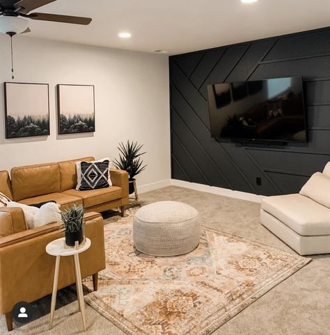 Basement Feature Wall Tv, Basement Rec Room Tv Wall, Earth Tone Basement Ideas, Small Basement Tv Room Ideas, How To Decorate A Loft Area, Basement Feature Wall Ideas, Basement Accent Wall Ideas, Basement Tv Wall, Basement Lounge Ideas