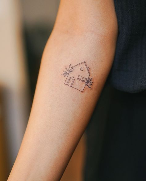 cute little house⁠ ⁠ ⁠ #tattooart #tattooed #tattooartist #ink #inkedup #tat #tattooer #tatuaggi #tattooist #tattoolife #tattoosupply #tattooideas #tattoodesign #instatattoo #blackwork #schorndorf #lrosie #cute #cutetattoo #smalltattoo #fineline Outline Of House Tattoo, Matching House Tattoos, You Are My Home Tattoo, Childhood House Tattoo, Simple House Tattoo, Fine Line House Tattoo, Real Estate Tattoo, Happy Place Tattoo, Cozy Tattoo Ideas