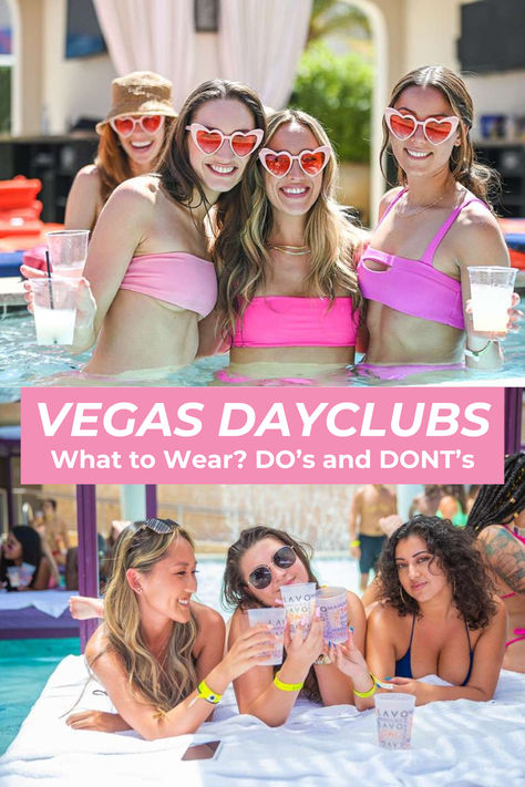 Get ready to dress to impress. Nothing screams #summer in #LasVegas like a lavish pool party at a #VegasDayclub rubbing elbows with world-class DJs and parting with people from across the globe. But what should you wear to a #Vegas #Dayclub? Dayclubs have dress codes, just like nightclubs. We’re not just telling you the do’s and don’ts of #Vegas pool #fashion. We’re helping you pack your bag, so your #summertrip goes off without a hitch. Click for #VegasGirlsNightOut Tips on Vegas Pink Vegas Outfit, Vegas Pool Party Outfit Bikinis, Vegas Girls Trip Outfits, Dayclub Pool Outfit, Day Club Outfit Vegas Pool, Las Vegas Pool Party Outfit, Vegas Pool Party Outfit, Clubs Nightclub, Vegas Outfit Ideas Summer