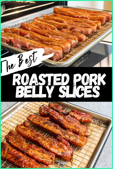 Pork belly strips are the ultimate comfort food, with their crispy edges and rich, savory flavor. Learn how to cook pork belly slices in the oven or on the grill with these easy recipes. Add marinades or seasonings to elevate the flavor and create a dish that melts in your mouth. Save the recipe for later and enjoy crispy pork belly strips anytime. Recipes For Pork Belly Slices, Pork Belly Seasoning Recipe, Pork Belly Oven Roasted, How To Cook Pork Belly Slices, Pork Belly Slices Recipes Ovens, Baked Pork Belly Oven, Low Carb Pork Belly Recipes, Por Belly Recipes, How To Cook Sliced Pork Belly