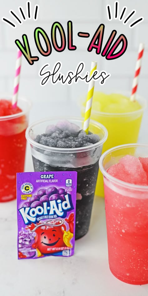 Kool-Aid Slushies Cool Aid Slushies, Kool Aid Slushie Recipe, Slush Recipes Non Alcohol, Kool Aid Slushie, Alcohol Smoothies Recipes, Diy Slushies, Ninja Slushie Machine Recipes, Koolaid Slushies Recipes, Zoku Recipes