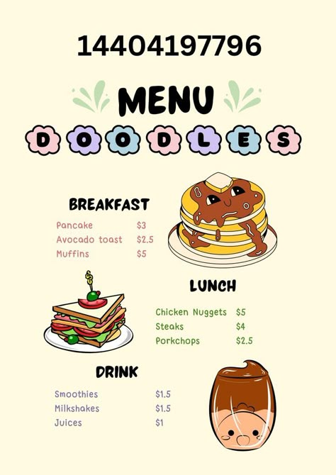 Bloxburg Daycare, Roblox Image Codes, Daycare Lunch Menu, Bloxburg Restaurant, Bloxburg Town Decals, Town Decals, Aesthetic Food And Drink, Bloxburg House Design, Bloxburg Cafe