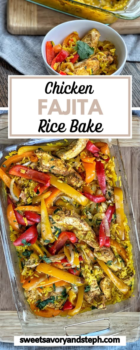 Chicken And Rice Fajitas, Fajita Baked Chicken With Rice, Chicken Fajitas Rice Bake, Chicken Fajitas Baked In Oven, Chicken Fajita Bake Meal Prep, Dump And Bake Chicken Fajita Casserole, One Sheet Healthy Meals, Chicken And Rice Dinner Ideas Healthy, Oven Bake Recipes Easy