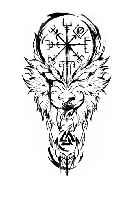 Norse Neck Tattoo, Sköll And Hati Wolves Tattoo, Norse Tattoo Men, Viking Tattoo Stencil, Nordic Bear Tattoo, Nordic Wolf Tattoo, Fenrir Drawing, Wolf Viking Tattoo, Viking Wolf Tattoo Design