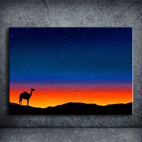 Desert Painting Ideas, Oil Pastel Paintings Ideas, Oil Painting Drawings, Desert Sunset Painting, Camel Painting, Painting Eyes, Sunset Canvas Painting, Oil Pastels Painting, Silhouette Painting