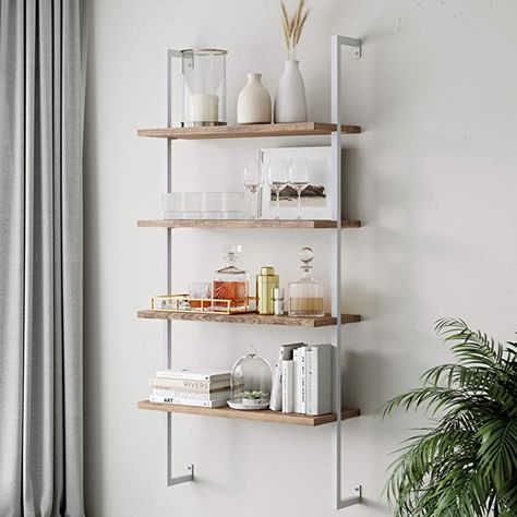 Amazon.com: Nathan James Theo 4-Shelf Bookcase, Floating Wall Mount Shelves with Natural Wood and Industrial Pipe Metal Frame, Oak/White: Kitchen & Dining Metal Ladder, 4 Shelf Bookcase, Nathan James, Floating Bookshelf, Wall Mounted Bookshelves, Ladder Bookshelf, Bookcase Wall, Modern Bookcase, Mounted Shelves