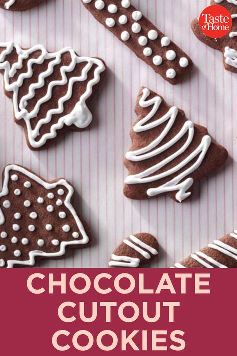 Chocolate Cut Out Cookies Recipe, Chocolate Cookies Decorated, Brownie Cutout Cookies, Hot Chocolate Cut Out Cookies, Hot Cocoa Cut Out Cookies, Chocolate Cut Out Sugar Cookies, Chocolate Decorated Cookies, Chocolate Roll Out Cookies, Cinnamon Cutout Cookies