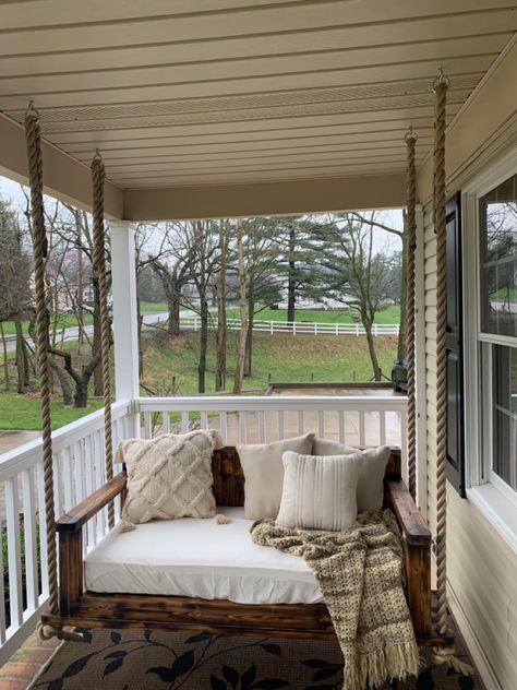 Swinging Bench Front Porch, Hanging Porch Swings Outdoor, Day Bed Swings Outdoor, Cute Porch Swings, Porch Bed Swings Hanging, Dream Front Porch, Houses With Big Porches, Long Porch Ideas, Cute Back Porch