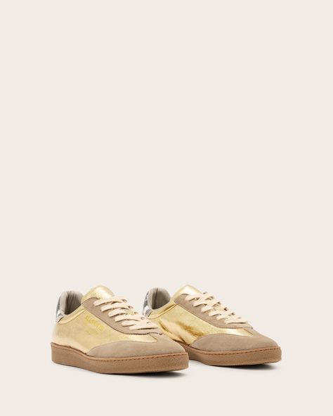 If you are between sizes, we recommend sizing up Sneakers Lace up AllSaints Underground logo Comfortable fixed cushioned insole Gold Sand, Snakeskin Pattern, Lacing Sneakers, Brown Silver, Low Top Sneakers, Sweater Sale, Jacket Sale, Metallic Leather, Jeans For Sale