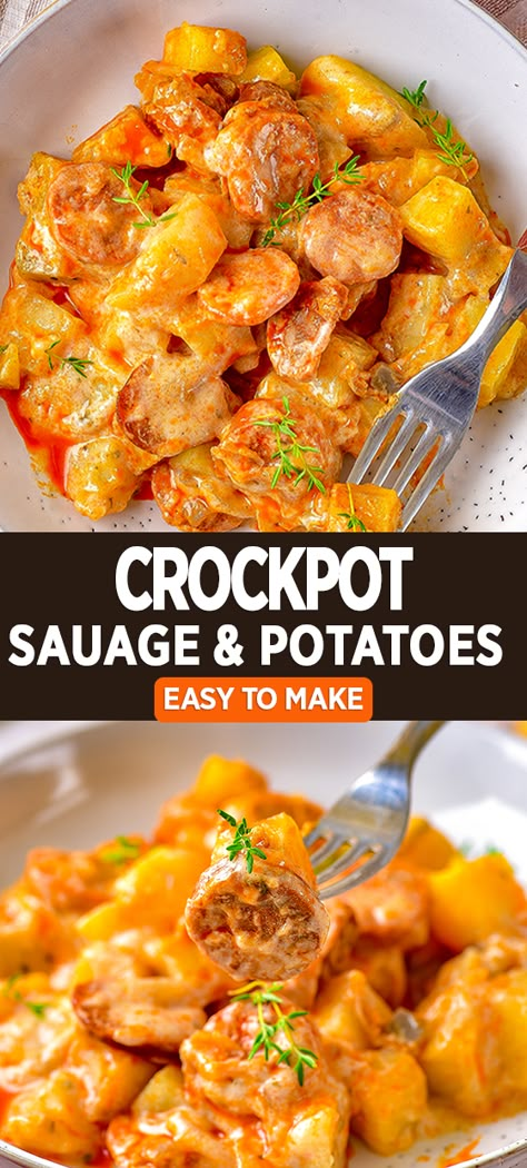 Crockpot Sausage and Potatoes Crockpot Sausage And Sweet Potatoes, Sweet Potato Sausage Crockpot, Sausage Potatoes And Peppers Crockpot, Sausage Potatoes Crockpot Recipes, Crockpot Chicken And Sausage Recipes, Brats And Potatoes Crock Pot, Sausage And Potatoes In Crockpot, Crockpot Polish Sausage Recipes, Kielbasa Potato Crockpot