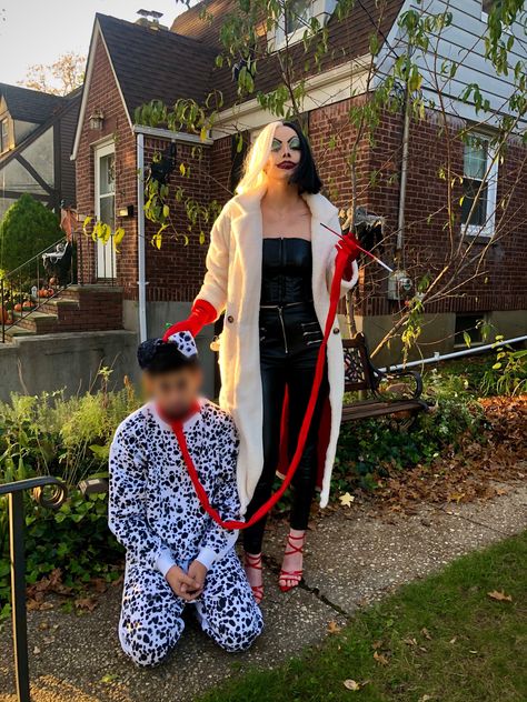 Cruella And Henchman Costume, Cruella De Vil And Dalmation Costume, 101 Dalmatians Couple Costume, Cruella Deville Costume With Dog, Cruelly Deville Couple Costume, Cruelly And Dalmatian Costume, Cruella Deville And Dalmation Costume, Cruella Couple Costume, Cruella And Dalmation Costume