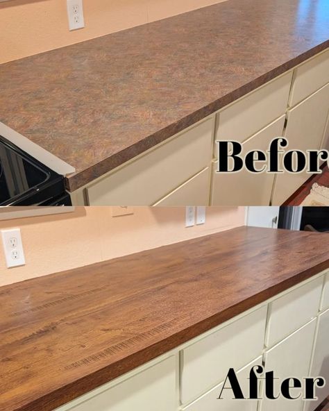 Vinyl Covered Kitchen Counters, How To Upgrade Laminate Countertops, Cover Countertops With Wood, Old Kitchen Countertop Makeover, Redone Countertops, Renter Friendly Countertop Makeover, Wood Vinyl Countertops, Change Countertop Color, Temporary Countertop Cover