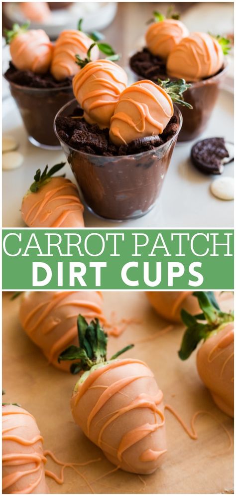 Strawberry Carrots, Chocolate Pudding Cups, Dirt Dessert, Cute Easter Desserts, Easter Deserts, White Chocolate Covered Strawberries, Mouthwatering Desserts, Easter Party Food, Dirt Cups