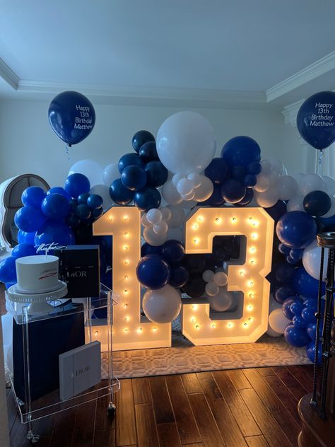 Black And Royal Blue Party Decorations, Blue And White Birthday Party Ideas, Navy Blue Themed Birthday Party, Blue And White Theme Birthday Decoration, Navy Blue Birthday Decorations, 13 Shades Of Blue Party, Blue 13th Birthday Party Ideas, White And Blue Birthday Theme, Dark Blue Birthday Decorations