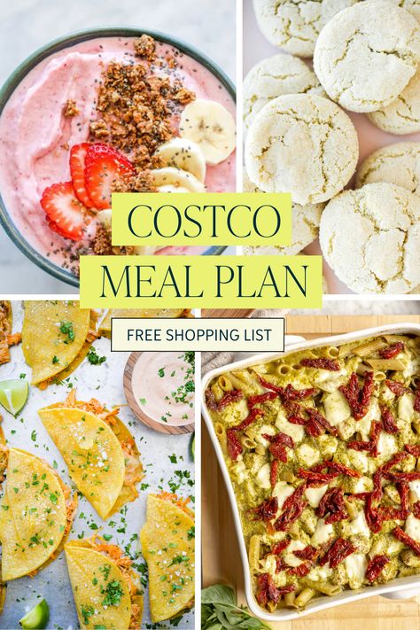 a collage of completed meal photos reflecting meal plan for the week in this article. Costco Meal Planning, Costco Meal Prep Shopping Lists, Healthy Costco Meal Prep, Costco Healthy Meals, Healthy Costco Meals, Costco Grocery List, Costco Meal Prep, Costco Meal Plan, Costco Shopping List