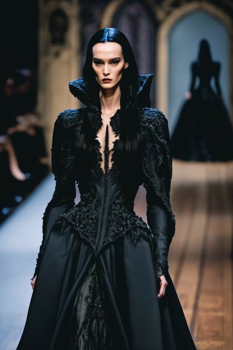 Gothic inspiration Gothic History Fashion, High Fashion Vampire, Masquerade Outfits For Women, Gothic Fashion Show, Gothic Haute Couture, Morticia Inspired Outfit, Red Carpet Looks Ideas, Gothic Fantasy Dress, Vampire Fashion Women