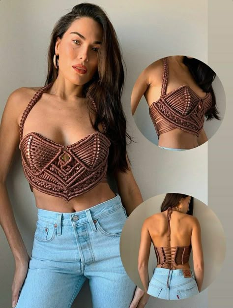 Diy Bralette, Macrame Top, Macrame Clothes, Macrame Crochet, Macrame Dress, Crochet Ladies Tops, Crochet Poncho Patterns, Macrame Weaving, Poncho Pattern