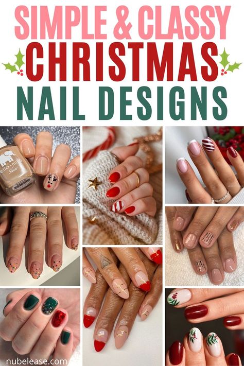 Simple & Classy Christmas Nail Designs To Try This Year! Christmas nail designs can be simple, classy and still fun for the holiday season. Christmas Gel Nails Simple Short, Easy Diy Christmas Nails Simple, Diy Christmas Nail Art Easy, Simple Red And Green Christmas Nails, Christmas Simple Nail Designs, Nail Art Designs For Christmas, Christmas Nails No Design, Simple Holiday Nails Acrylic, Easy Holiday Nail Designs