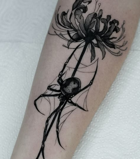 Dark elegance for @s.dan__i 🕷️🔥 Thank you for being so brave! • • • #darktattoo #blackwork #spidertattoo #flowerandspider #darkart #tattoolife #inkedgirls #tattoodesign #tattoostyle #boldandblack Demon Style Tattoo, Spider Web Forearm Tattoo, Blackwork Lily Tattoo, Black And White Spider Lily Tattoo, Spider Themed Tattoos, Spider Lily Sleeve Tattoo, Dark Feminine Tattoos Thigh, Red Spider Lily Flower Tattoo, Spider On Flower Tattoo