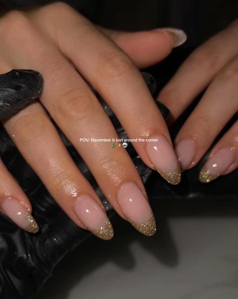 Nude Sparkle Nails, Gold Sparkly Nails, Nail Designs New Years, Nail Inspo Winter, Gold Tip Nails, Nude Nails With Glitter, 21st Birthday Nails, Sparkly Acrylic Nails, Champagne Nails