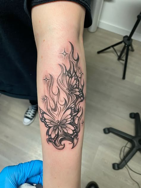 Butterfly Tree Tattoo, Butterfly With Fire Tattoo, Burn Burn Burn Tattoo, Burning Flower Tattoo, Flaming Butterfly Tattoo, Money Butterfly Tattoo, Burning Butterfly Tattoo, Trippy Tattoos For Women, Butterfly On Fire Tattoo