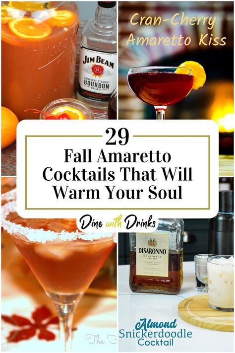 Collage of 4 fall amaretto cocktails. Whiskey And Amaretto Drinks, Fall Drinks With Amaretto, Amaretto Whiskey Drinks, Tequila Amaretto Drinks, Fall Amaretto Cocktails, Sweet Fall Cocktails, Amaretto Apple Cider Cocktail, Bourbon Amaretto Cocktails, Drinks Made With Amaretto