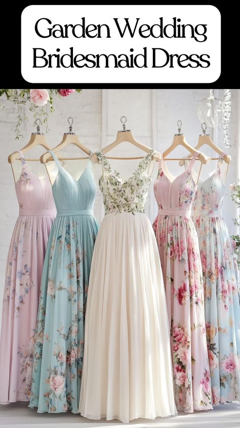 Various garden wedding bridesmaid dresses in pastel, floral, and solid colors for different seasons. Pastel Dresses Bridesmaid, Bridesmaid Dresses Pastel Colours, Pastel Wedding Theme Bridesmaid Dress, Pastel Bridesmaid Dress, Pastel Shades Dresses, Mixed Floral Bridesmaid Dresses, Colourful Bridesmaid Dresses, Pastel Colour Dress, Pink Mismatched Bridesmaid Dresses