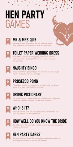 Hens Party Drinks, Fun Hens Party Ideas, Sten Do Games, Pyjama Party Hens Night, Stag And Hen Party, Hen Games Ideas, Hen Party Games Classy, Fun Hen Party Ideas, Hen And Stag Party Together